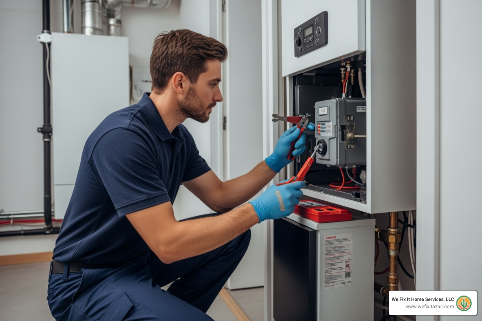 A technician performing a heating system tune-up - electric heating repair queen creek az A technician performing a heating system tune-up - electric heating repair queen creek az