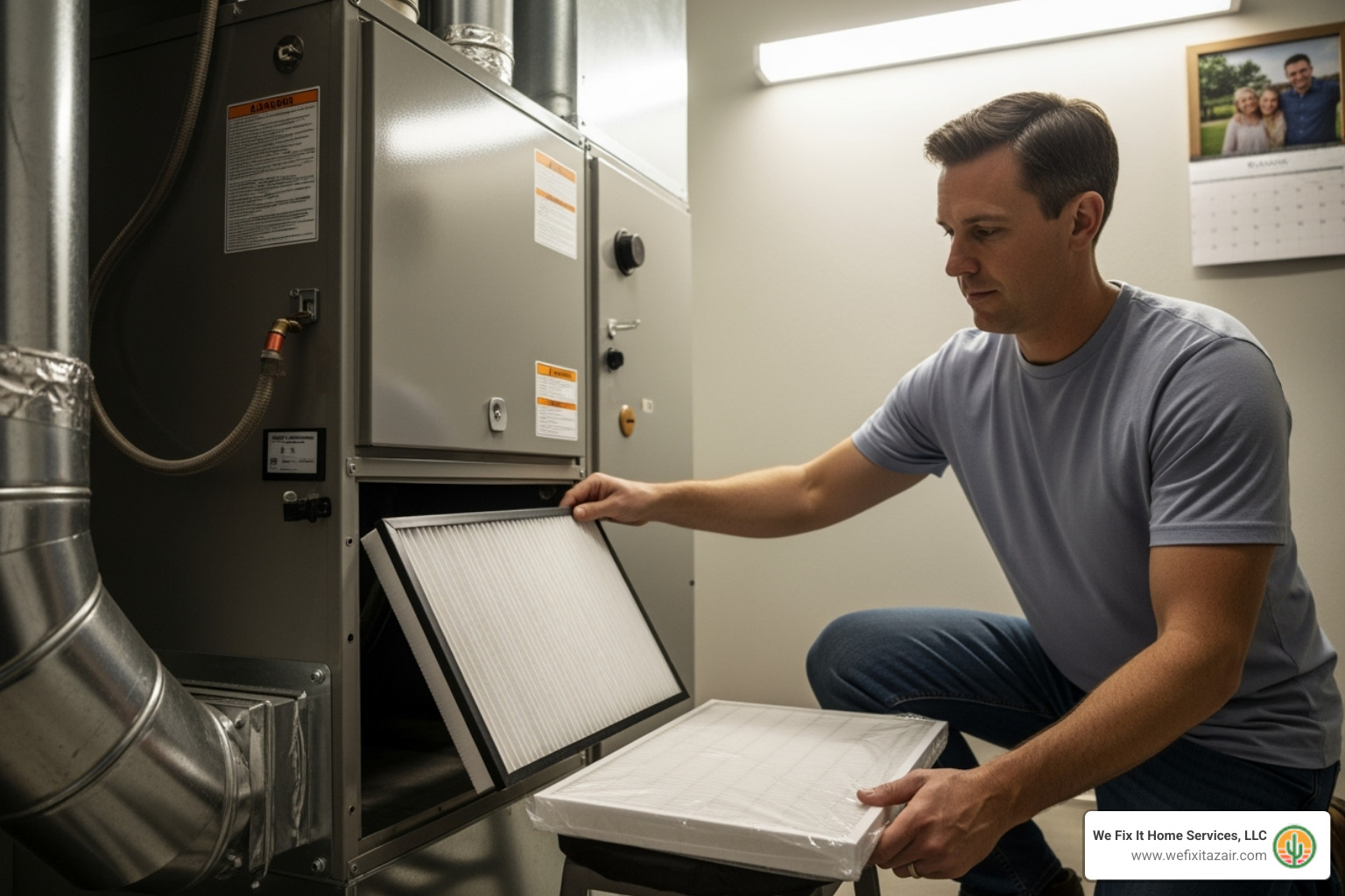 A homeowner changing an air filter - electric heating repair queen creek az A homeowner changing an air filter - electric heating repair queen creek az