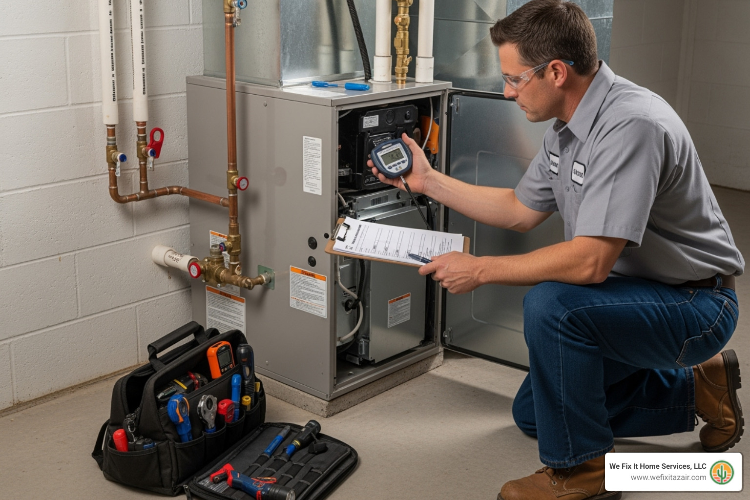 technician performing a safety check on a newly installed furnace - furnace installation apache junction technician performing a safety check on a newly installed furnace - furnace installation apache junction