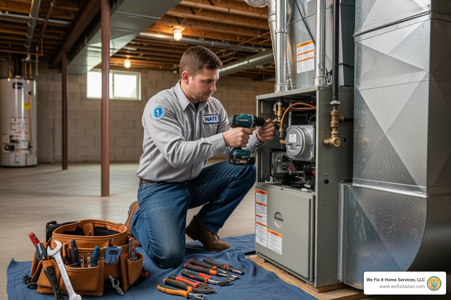 NATE certified technician professionally installing a new furnace in a home - furnace installation chandler NATE certified technician professionally installing a new furnace in a home - furnace installation chandler
