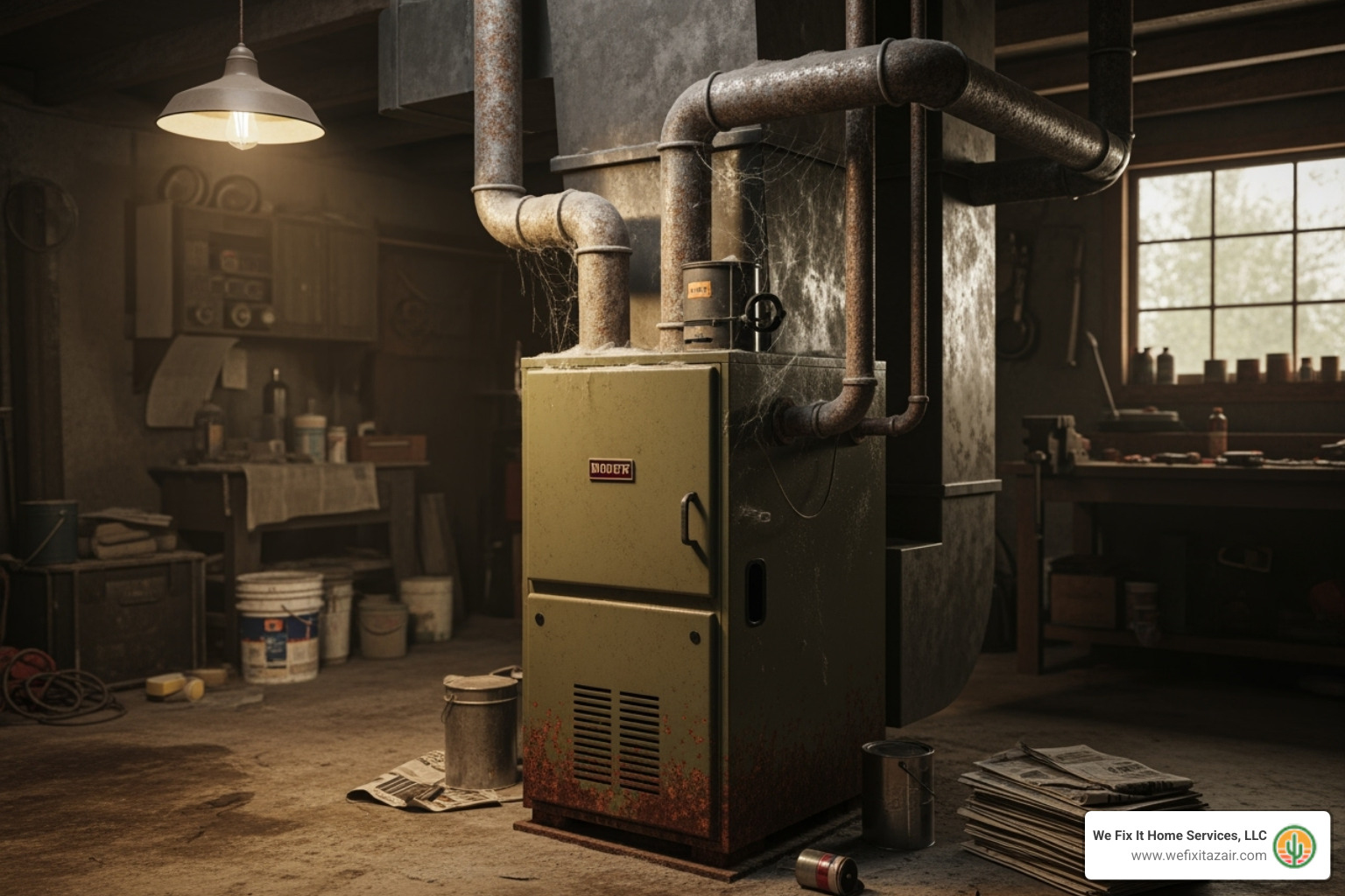 old inefficient furnace in a dusty garage - furnace installation chandler old inefficient furnace in a dusty garage - furnace installation chandler