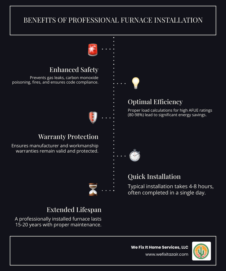 infographic showing benefits of professional furnace installation including safety compliance, proper sizing through load calculations, energy efficiency ratings 80-98 percent AFUE, warranty protection, typical installation timeline of 4-8 hours, and average lifespan of 15-20 years with proper maintenance - furnace installation chandler infographic infographic-line-5-steps-dark infographic showing benefits of professional furnace installation including safety compliance, proper sizing through load calculations, energy efficiency ratings 80-98 percent AFUE, warranty protection, typical installation timeline of 4-8 hours, and average lifespan of 15-20 years with proper maintenance - furnace installation chandler infographic infographic-line-5-steps-dark