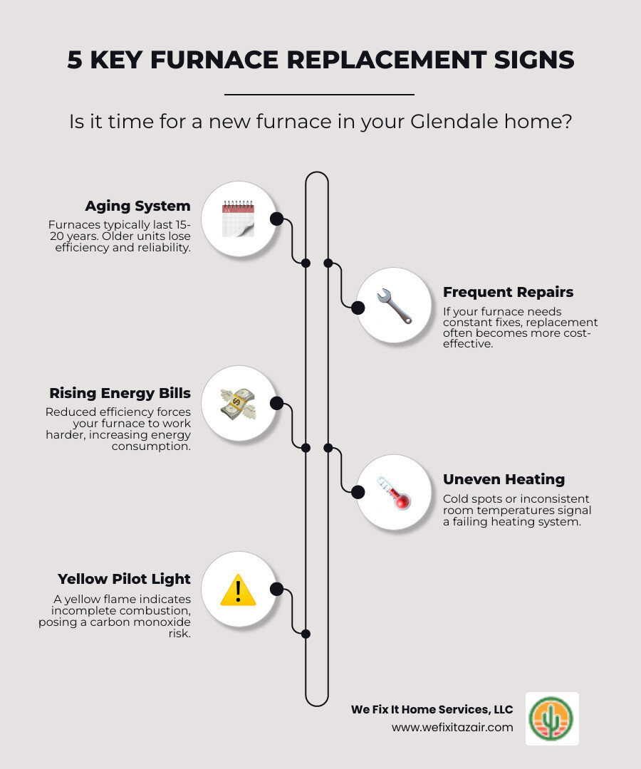 Infographic showing five key warning signs your furnace needs replacement: Age over 15-20 years, frequent repair calls costing more than 50% of replacement value, rising energy bills from reduced efficiency, uneven heating across rooms, and yellow pilot light indicating incomplete combustion - furnace installation glendale infographic infographic-line-5-steps-elegant_beige