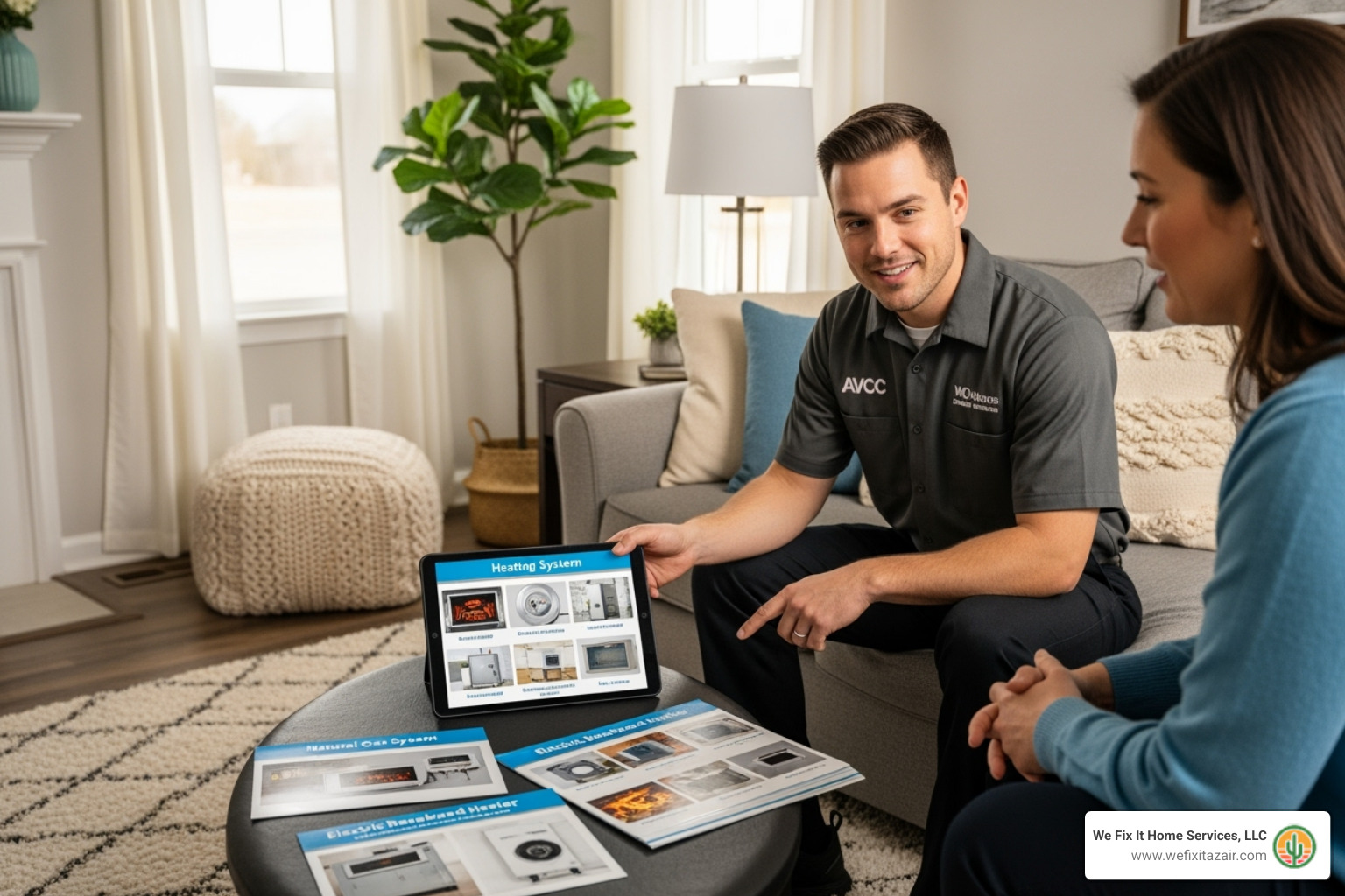 Technician showing homeowner different heating system options - furnace installation glendale