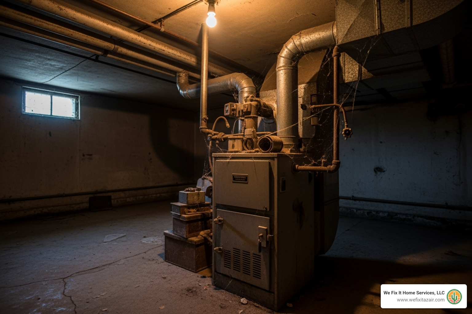 Old, dusty furnace in a basement or closet - furnace installation peoria