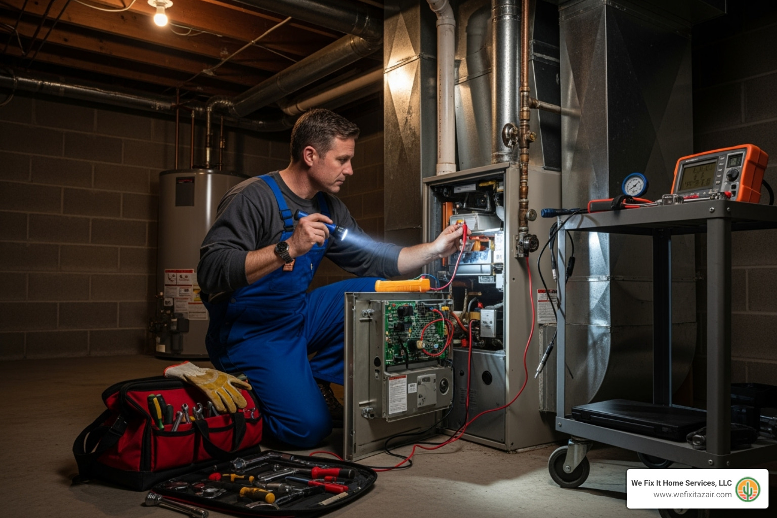 A technician working on a furnace at night - 24/7 furnace installation queen creek