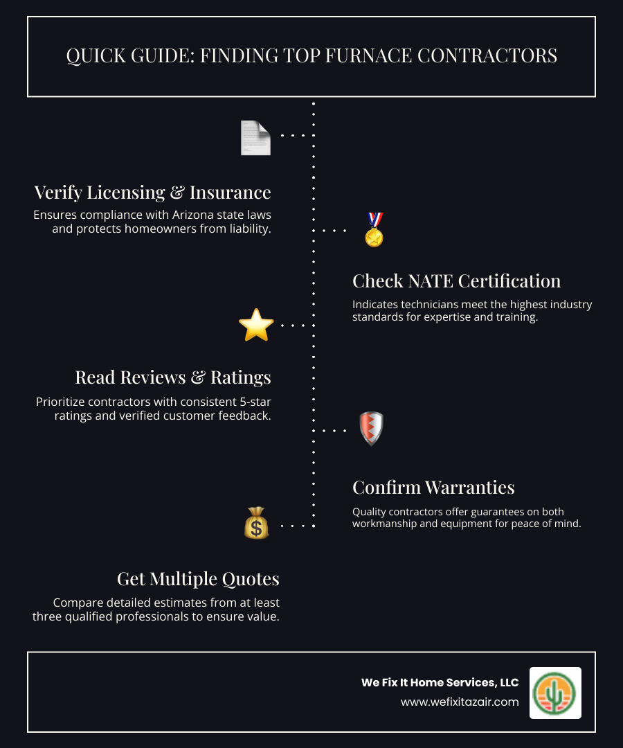 infographic showing key contractor selection criteria including licensing verification, NATE certification badges, average customer ratings of 4.6 stars or higher, warranty coverage details, and a checklist of questions to ask during consultations - "Find top-rated contractors for furnace installation in Peoria, AZ." infographic infographic-line-5-steps-dark infographic showing key contractor selection criteria including licensing verification, NATE certification badges, average customer ratings of 4.6 stars or higher, warranty coverage details, and a checklist of questions to ask during consultations - "Find top-rated contractors for furnace installation in Peoria, AZ." infographic infographic-line-5-steps-dark