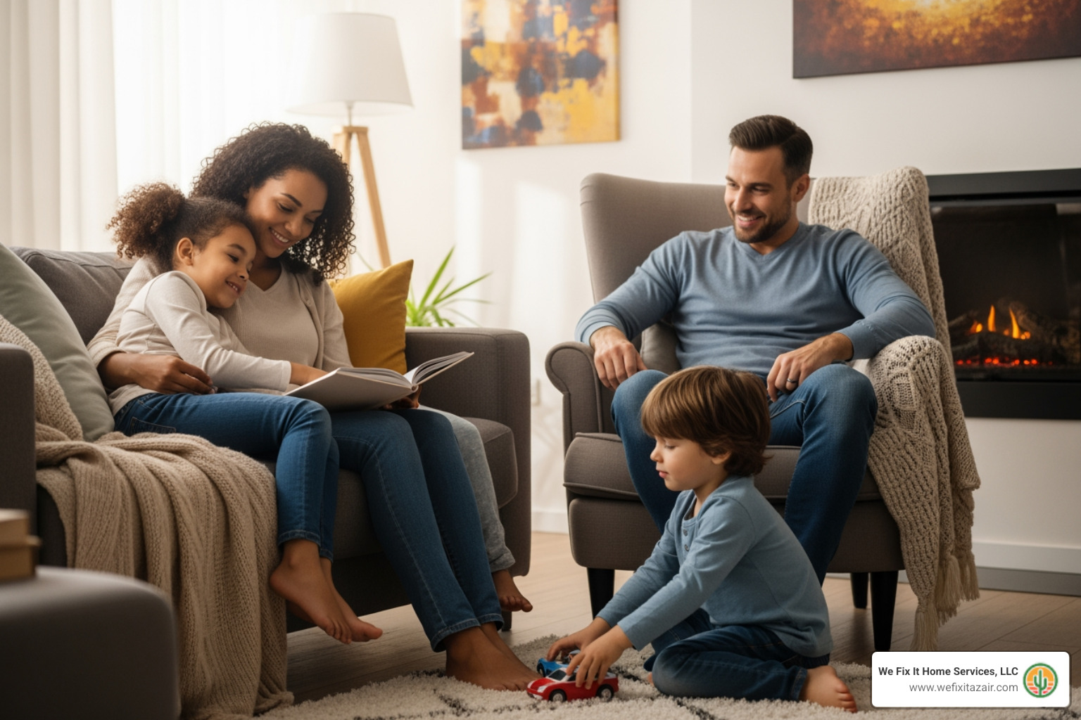 A family enjoying a perfectly climate-controlled home, highlighting comfort and peace of mind. - What are the best companies for heat pump installation in Chandler?" A family enjoying a perfectly climate-controlled home, highlighting comfort and peace of mind. - What are the best companies for heat pump installation in Chandler?"