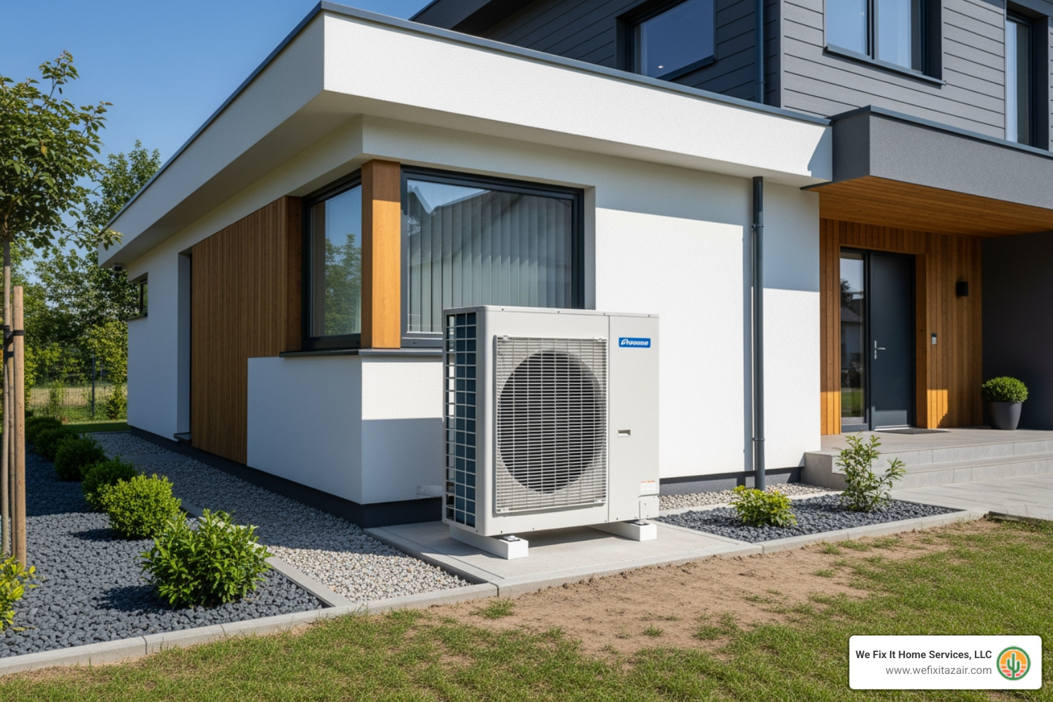 A clean and professional new heat pump installation, showing the outdoor unit neatly placed with clear access. - What are the best companies for heat pump installation in Chandler?" A clean and professional new heat pump installation, showing the outdoor unit neatly placed with clear access. - What are the best companies for heat pump installation in Chandler?"