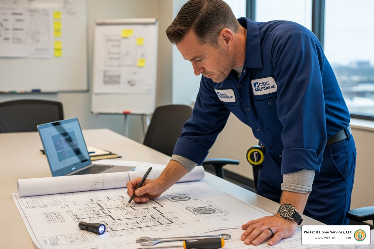 technician reviewing blueprints for an HVAC system - furnace installation scottsdale az technician reviewing blueprints for an HVAC system - furnace installation scottsdale az