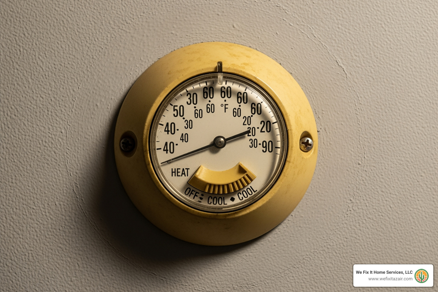 old, yellowed dial thermostat - "I need help with a programmable thermostat setup in Gilbert, AZ. Which HVAC companies offer this service?" old, yellowed dial thermostat - "I need help with a programmable thermostat setup in Gilbert, AZ. Which HVAC companies offer this service?"
