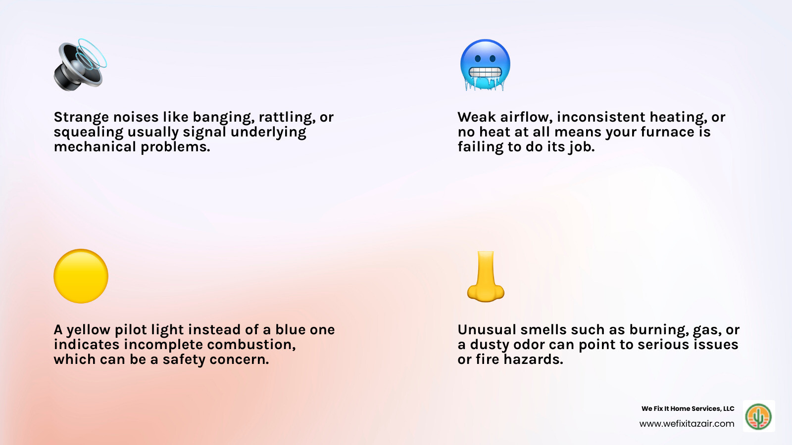 infographic showing common furnace warning signs including strange noises, weak airflow, yellow pilot light, unusual smells, inconsistent heating, frequent cycling, and rising energy bills with simple homeowner checks - furnace repair apache junction infographic 4_facts_emoji_light-gradient