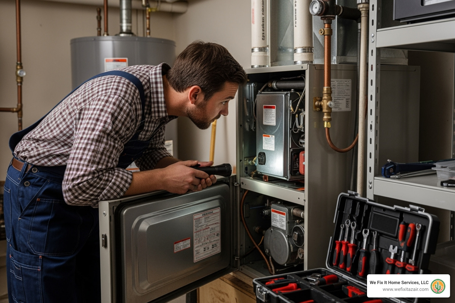 technician inspecting an open furnace unit - furnace repair apache junction