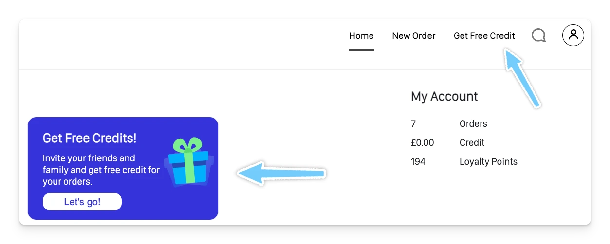 Account screen showing the Get Free Credits banner and the Get Free Credit link in the top navigation