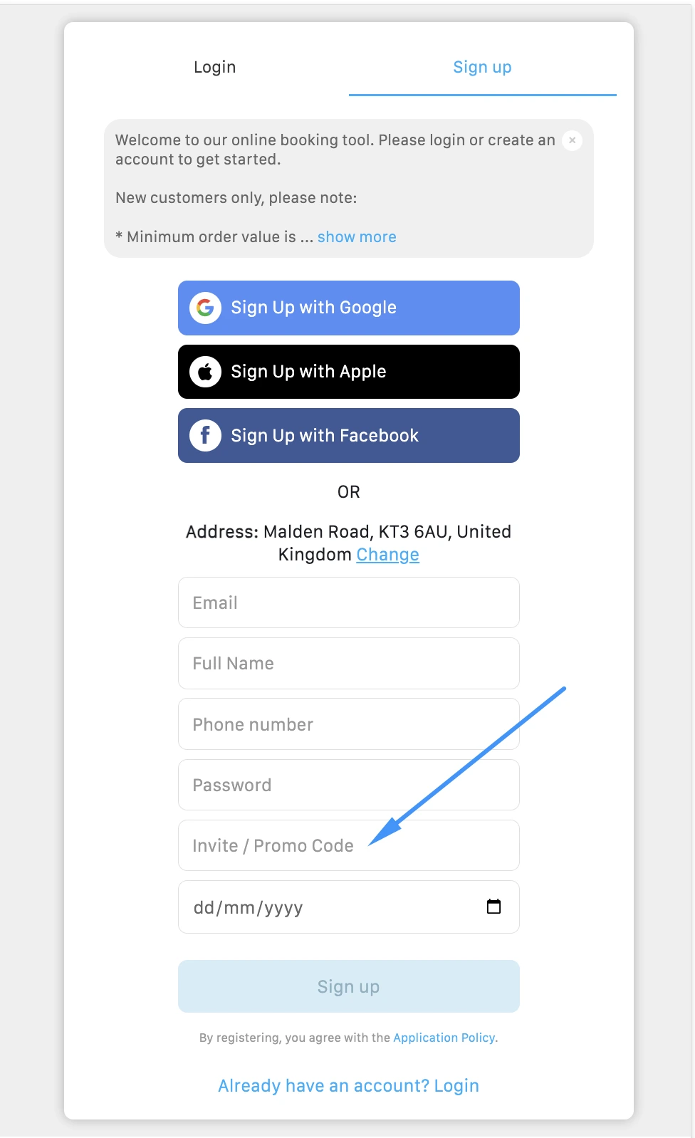 Sign up form with an arrow pointing to the Invite / Promo Code field, above the date of birth field
