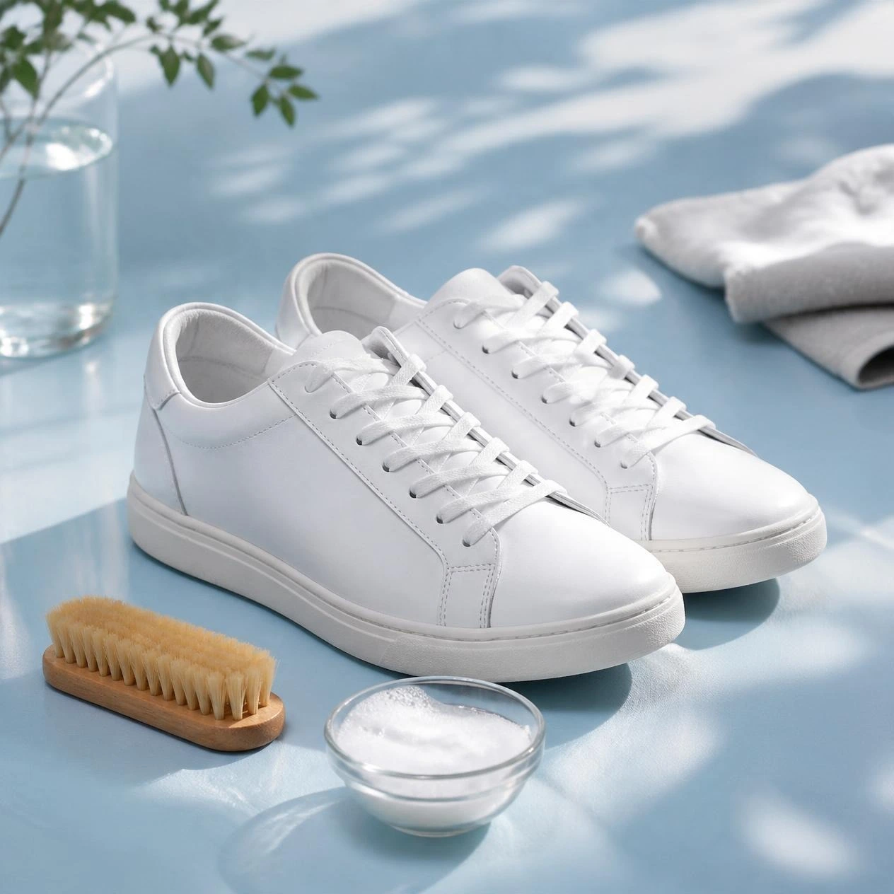 Freshly cleaned white leather trainers
