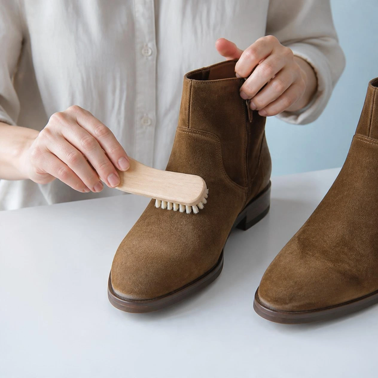 Suede ankle boots being brushed by hand
