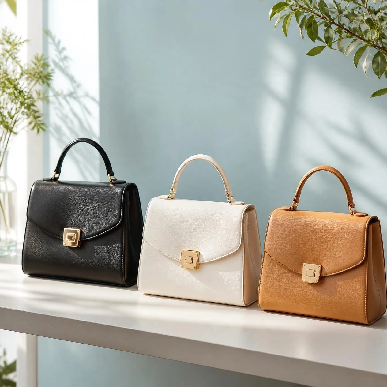 Three cleaned leather handbags in black, cream and tan on a shelf