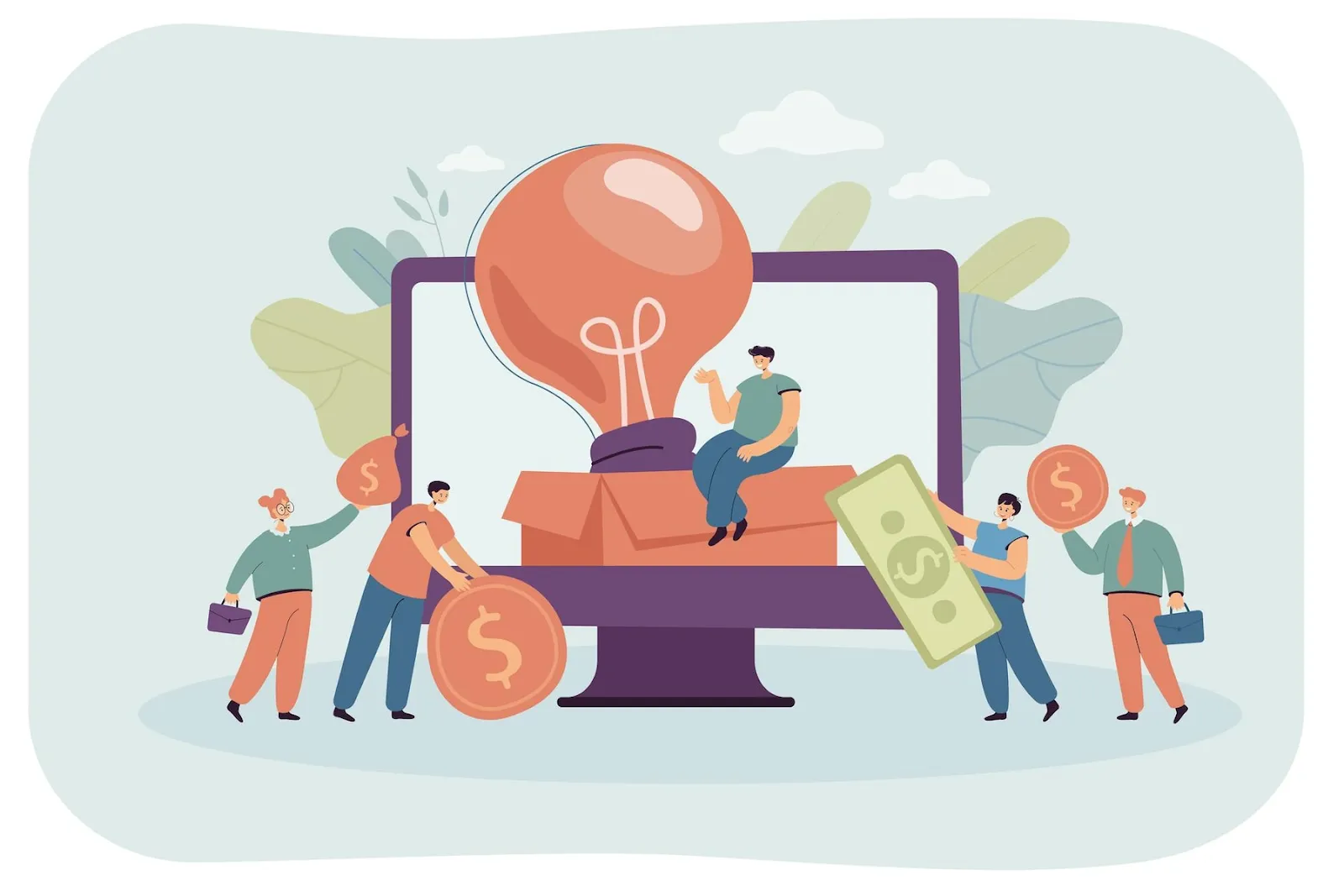Computer monitor and people holding money 