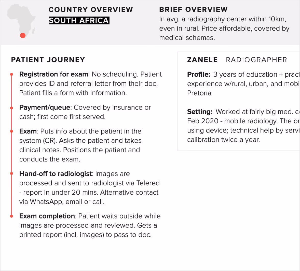 Part of a user journey map, showing a summary of an interview from South Africa