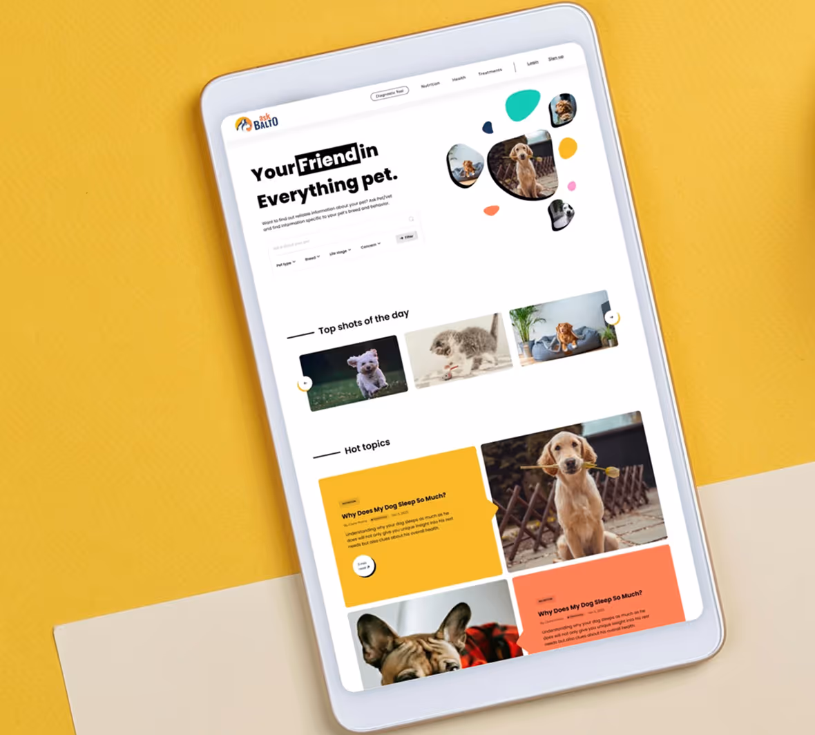 Tablet with the AskBalto application on a yellow background