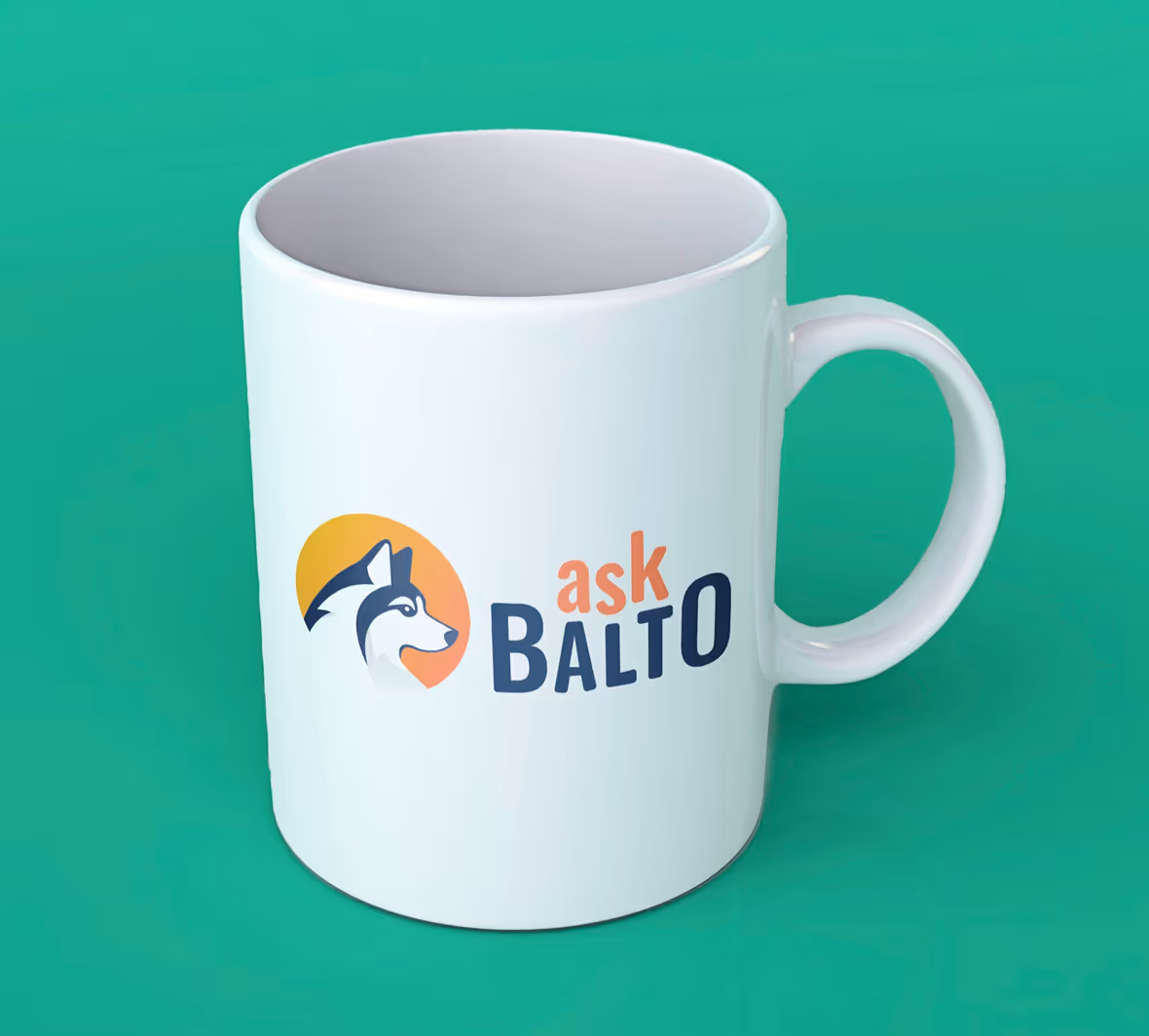 A white mug with the AskBalto logo on it on a green background