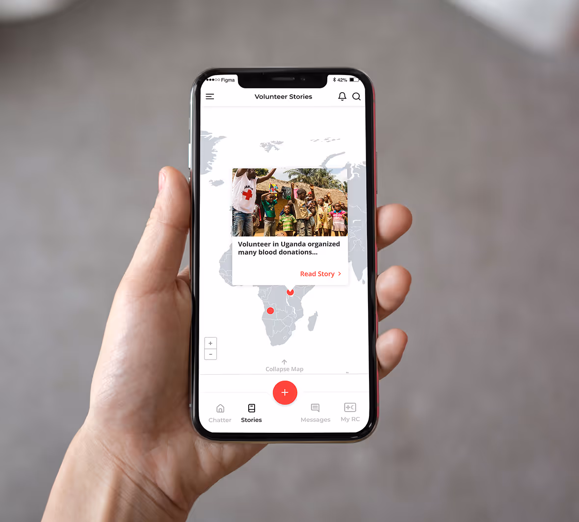 A person holding a mobile app with one hand with the app on the screen