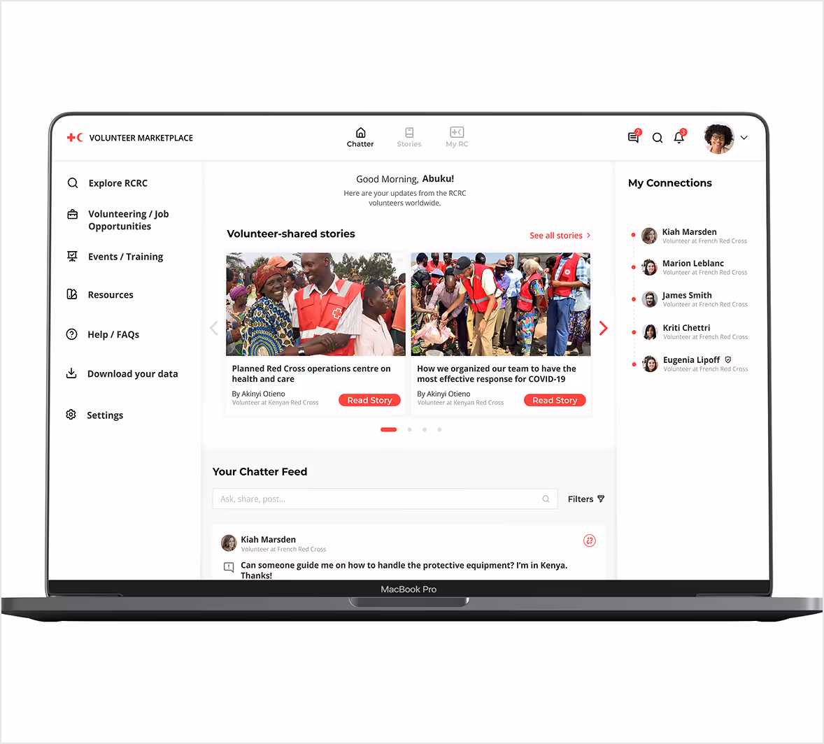Laptop screen showing the web version of the IFRC volunteering app application