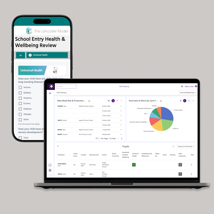 Mock up image of a TLM form on a mobile device paired with a desktop image of the TLM dashboard in AireFrame.