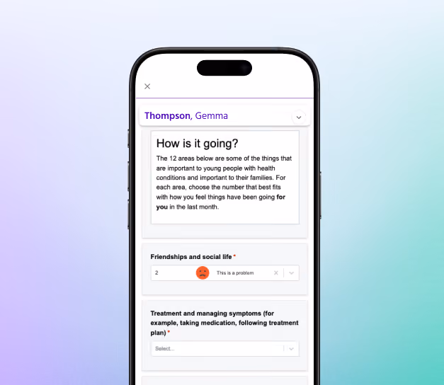 Smartphone screen showing a health survey for Gemma Thompson about social and symptom management.