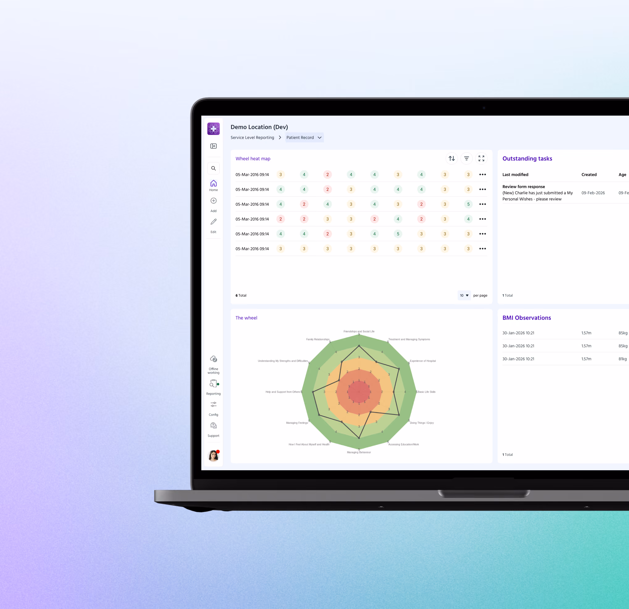 Laptop screen showing a demo app with a wheel heat map, outstanding tasks, and BMI observations data.
