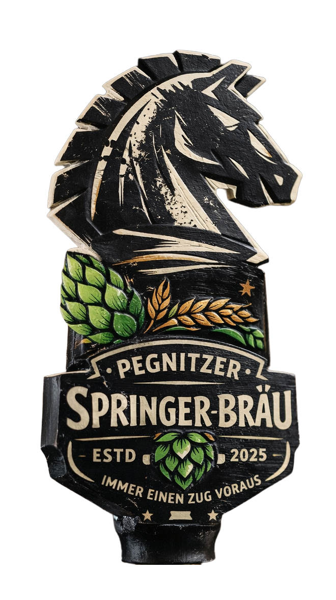 Bierhahn aus Holz in Form eines schwarzen Schachspringers mit grünen Hopfenblüten und Gerste.