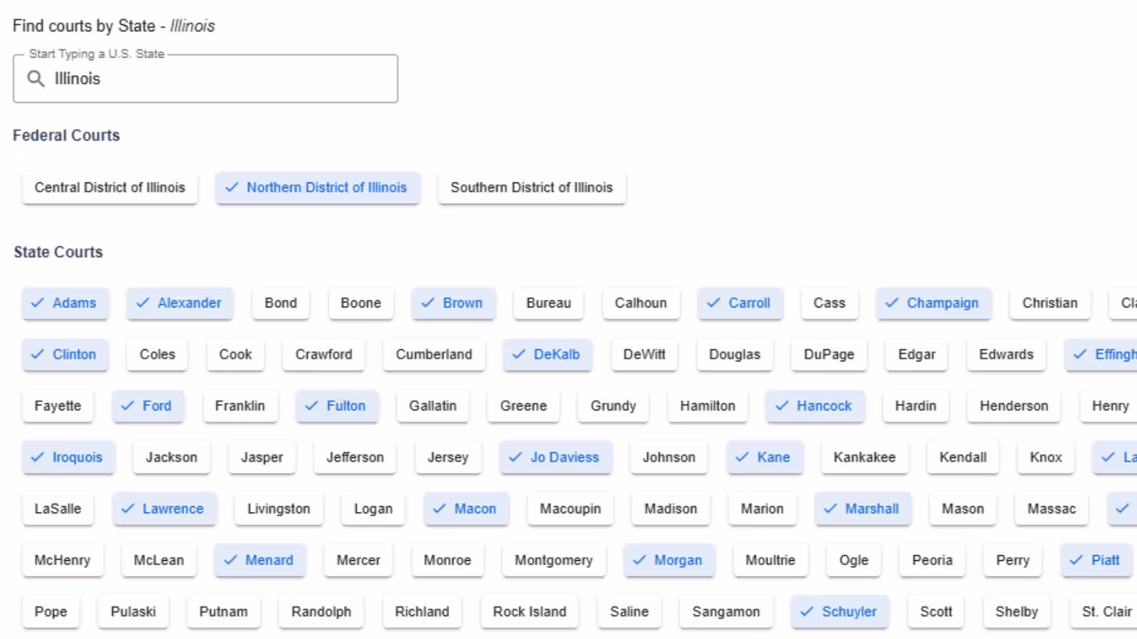 A screenshot of the daily case alert set up with specific Illinois State Courts selected