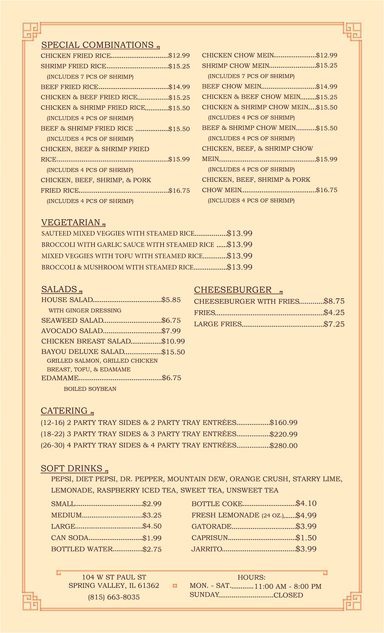 Menu with sections for special combos, vegetarian, salads, cheeseburger, catering, and soft drinks with prices.