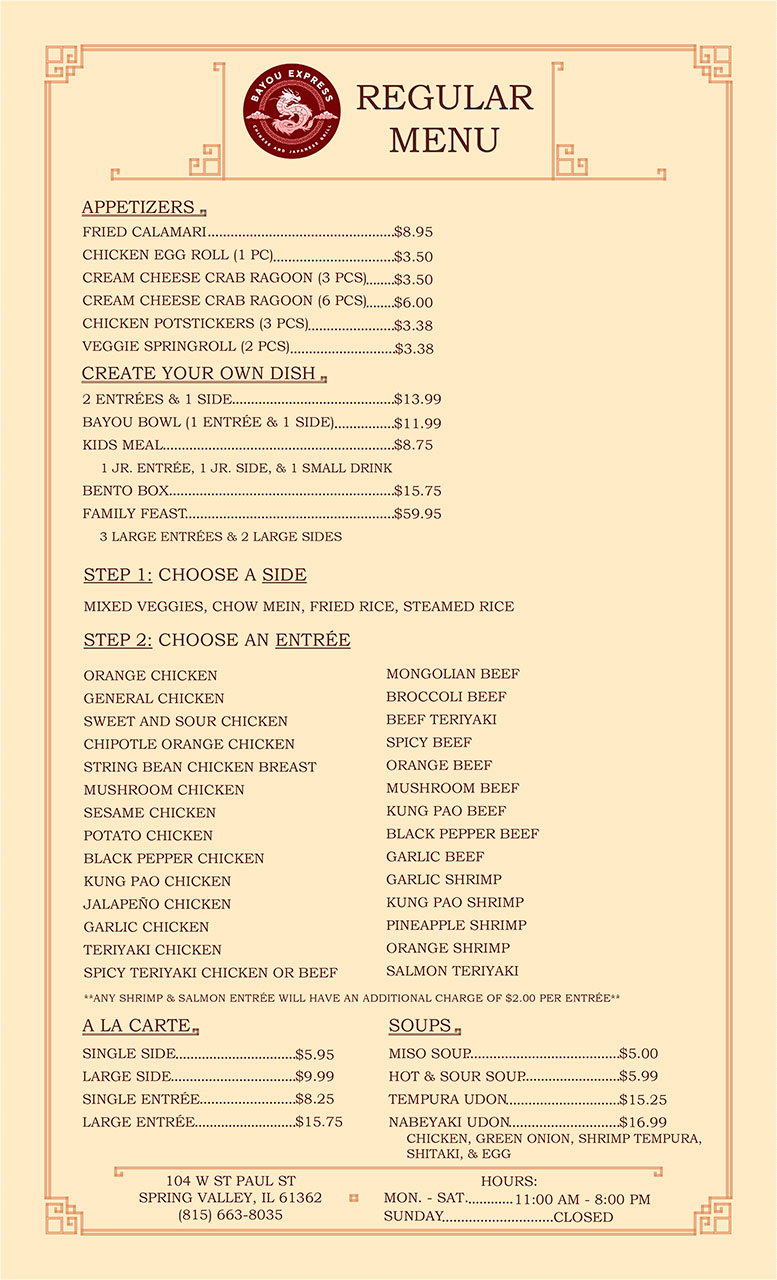 Bayou Express menu with appetizers, create your own dish, sides, entrées, a la carte, soups, and hours.