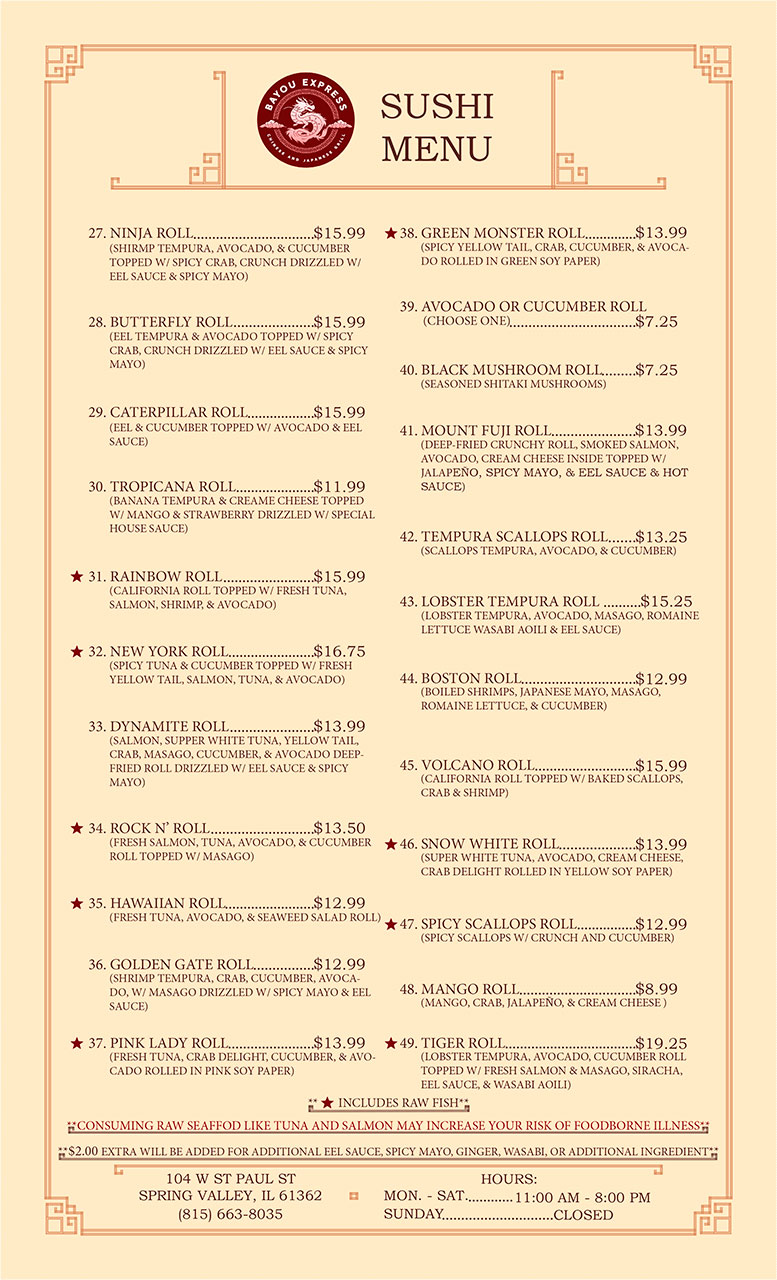 Sushi menu listing rolls, prices, ingredients, hours, and location for Bayou Express in Spring Valley, IL.