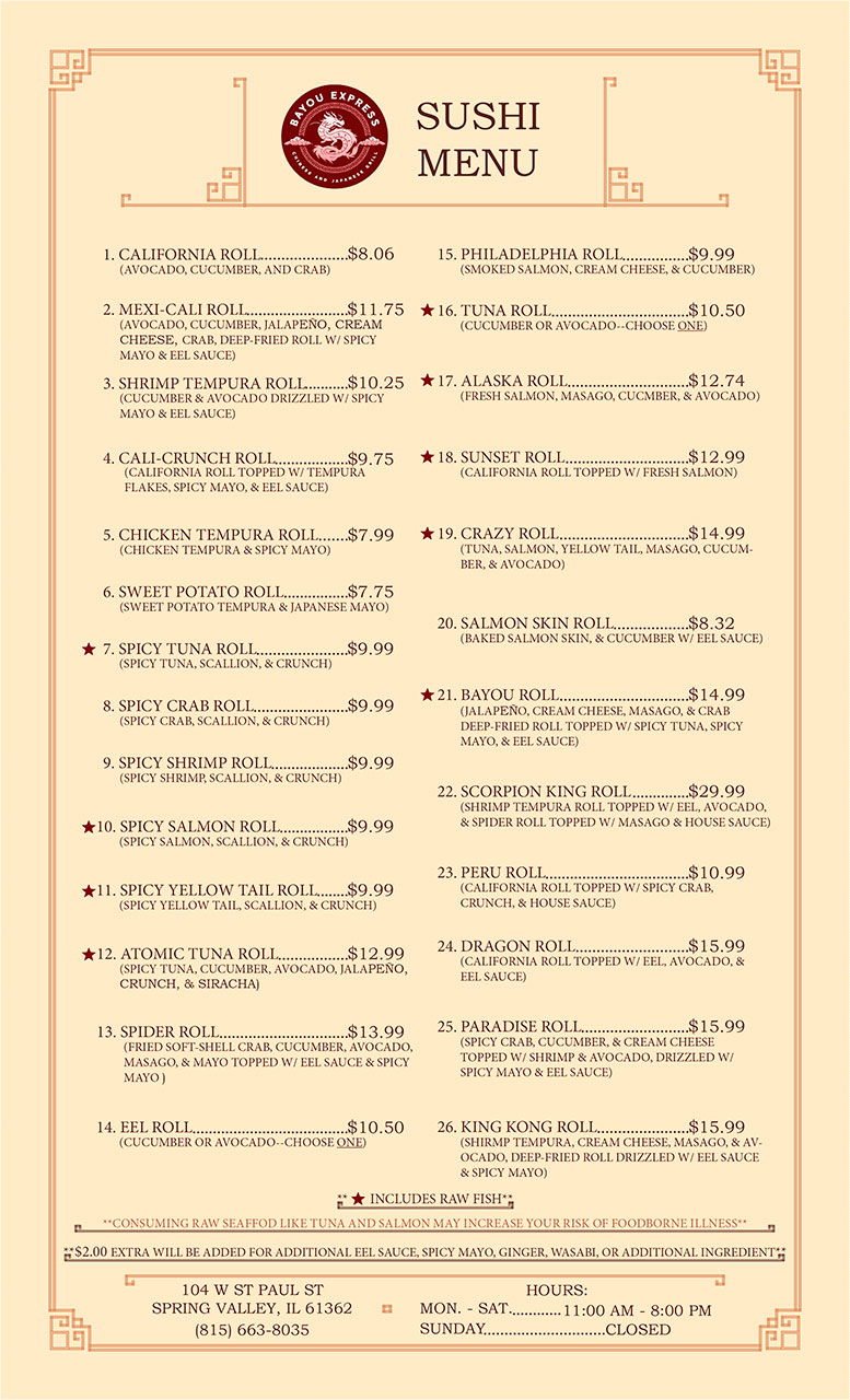 Bayou Express sushi menu listing 26 rolls with descriptions, prices, address, and hours of operation.