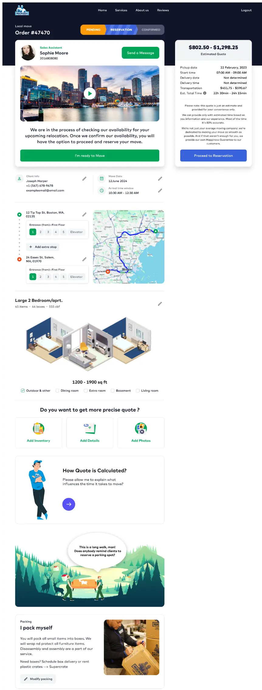 orange square movers customer's account page