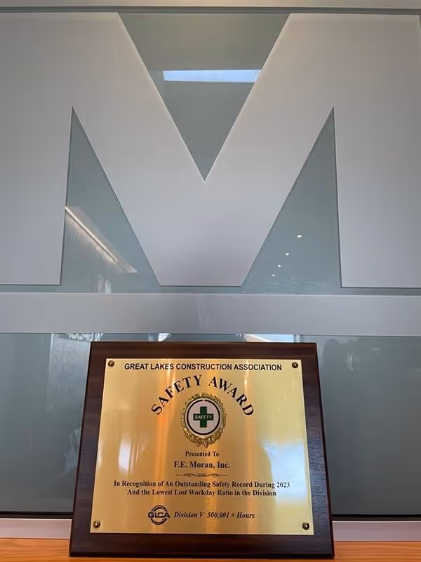 A safety award plaque for FE Moran