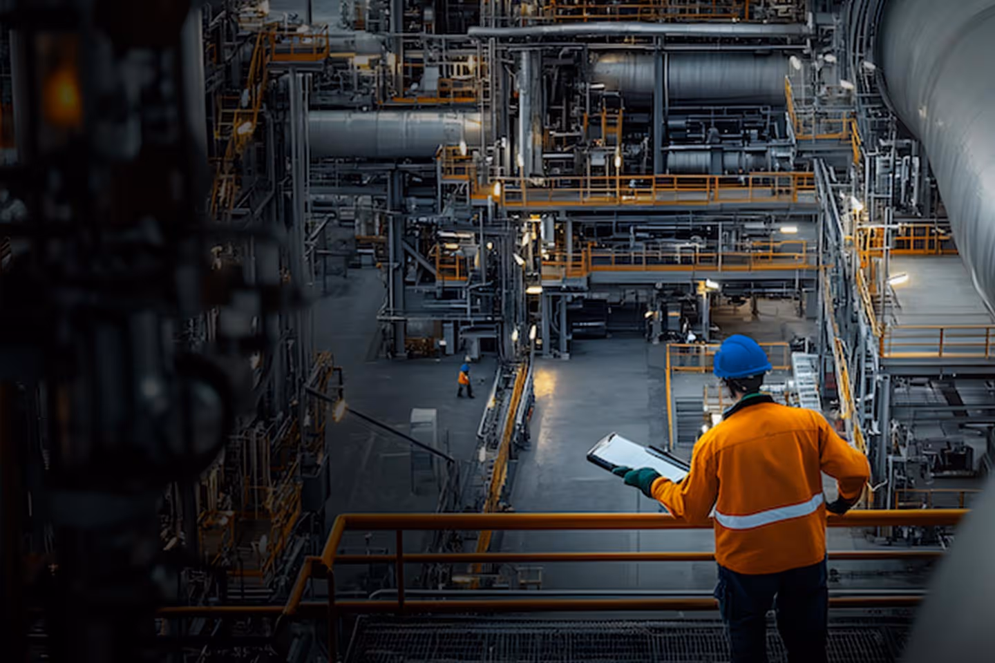 A man with a blue hardhat overseeing an industrial area