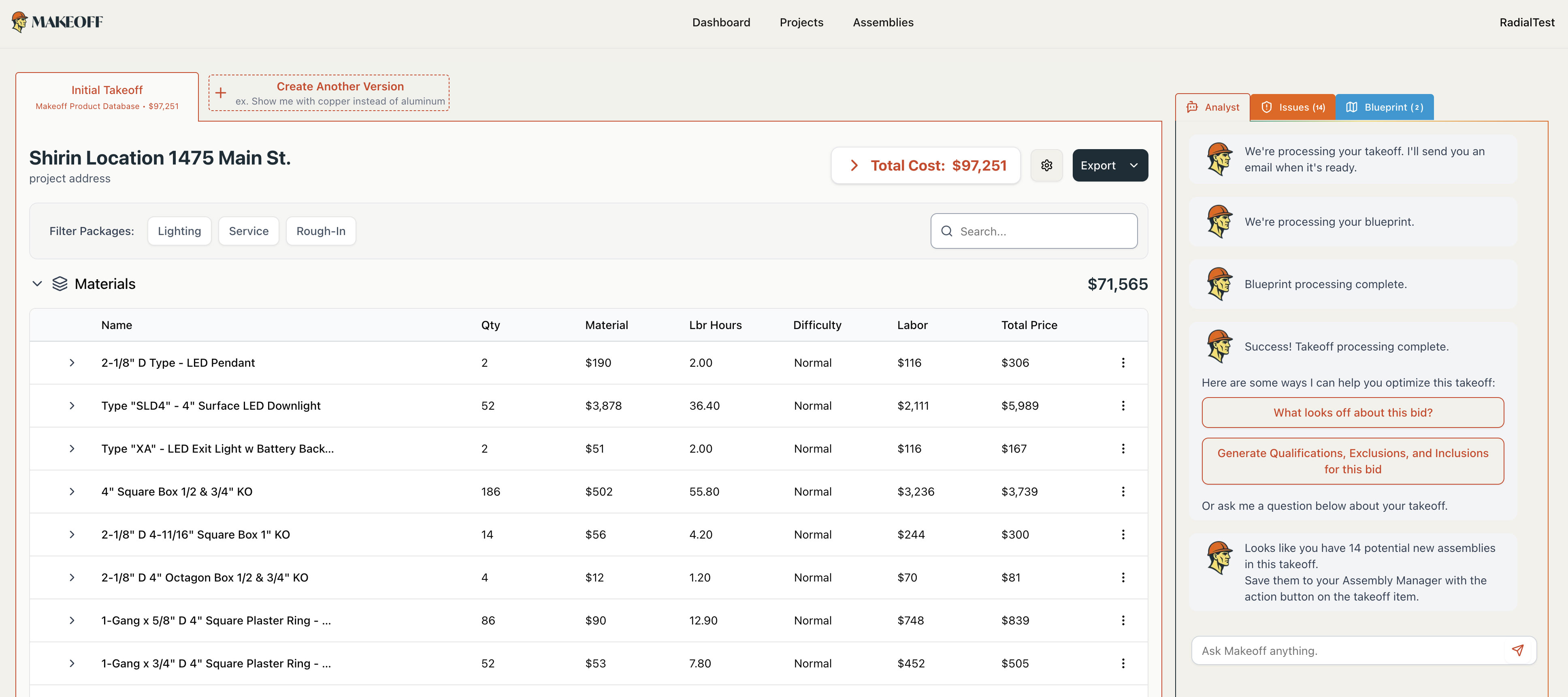 Makeoff Electrical Estimating software UI for commercial takeoffs