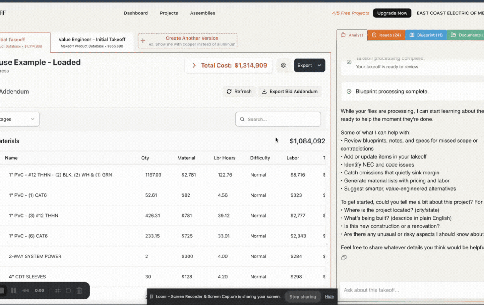 Makeoff Electrical Estimating dashboard — AI takeoff and value engineering