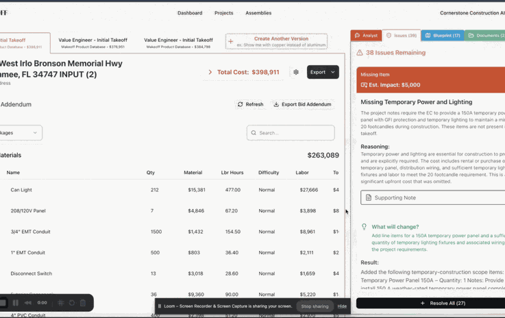 Makeoff Electrical Estimating dashboard — AI takeoff and value engineering