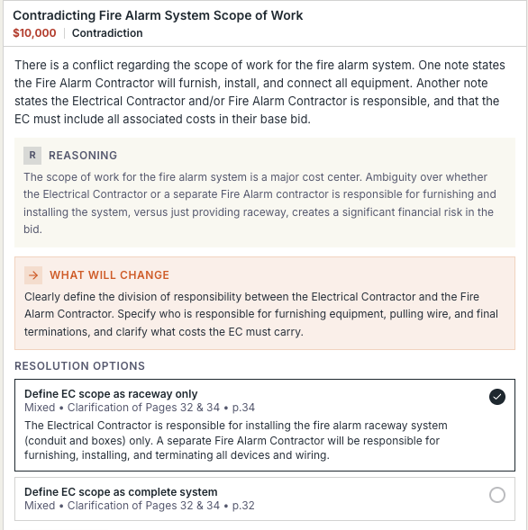 Makeoff app screenshot showing flagged issues across an electrical plan set
