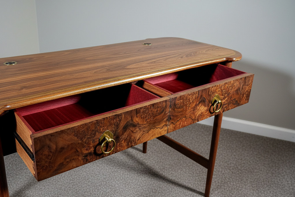 Close view of two open desk drawers with walnut burl fronts and brass ring pulls.