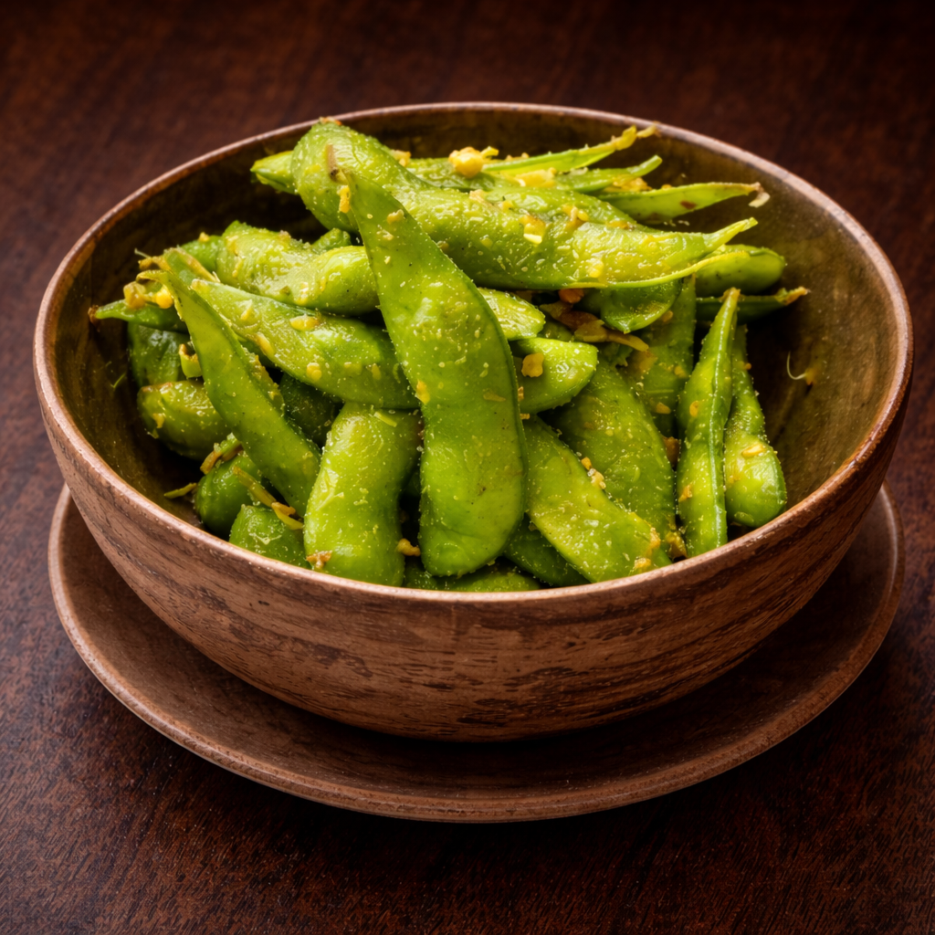 Gogyo Gramercy : Cold dish edamame Garlic  edamame with crunchy garlic, savory and aromatic