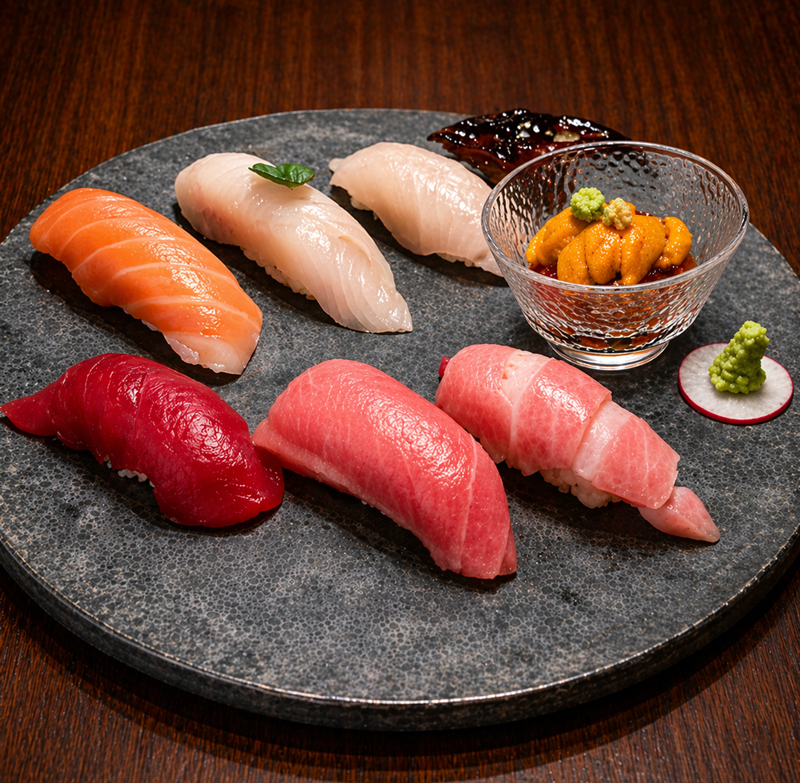 Ri sushi Gogyo $48 : maguro, chutoro, otoro, salmon, hamachi, kanpachi, eel, uni & ikura + roll 6pc