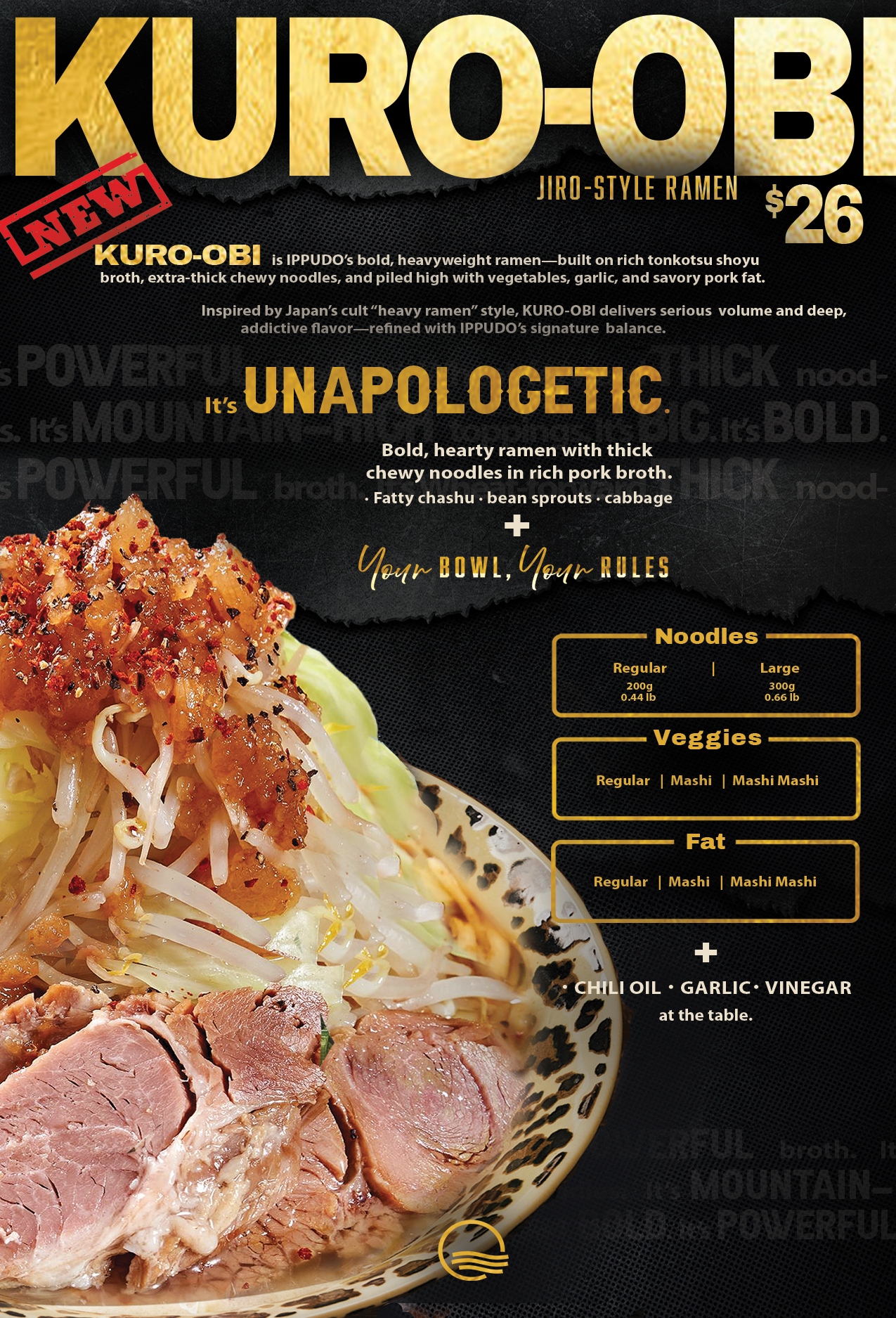 IPPUDO Kuro-Obi Jiro Ramen featuring rich broth, thick noodles, pork chashu, garlic, and hearty Japanese ramen toppings.