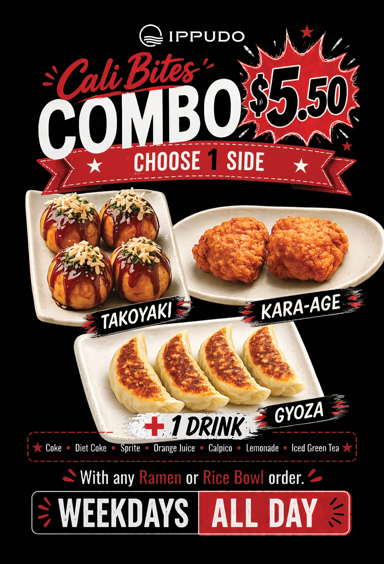 IPPUDO Cali Bites combo featuring takoyaki, gyoza, kara-age, and a soft drink as a Japanese appetizer special.