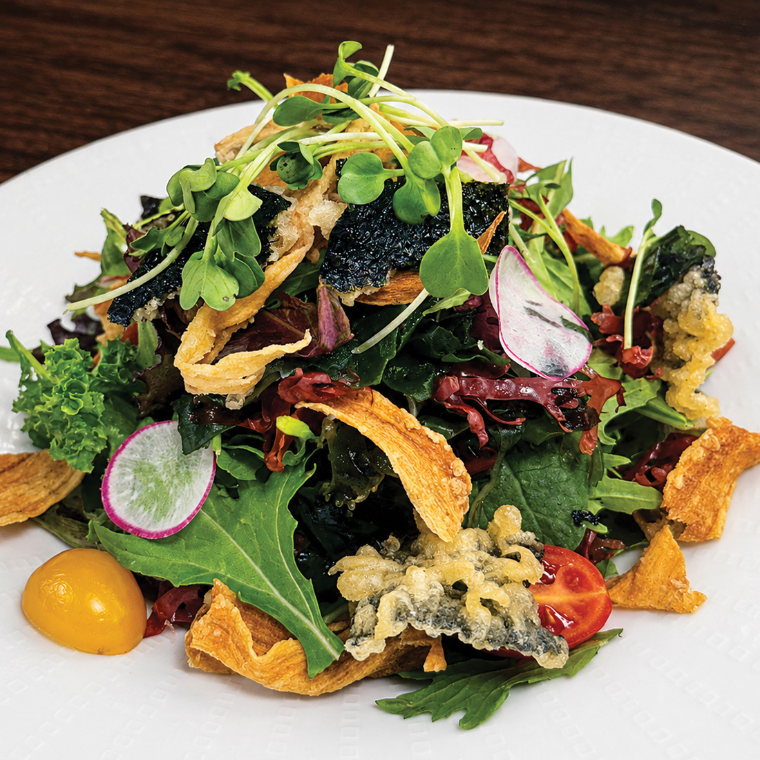 Yuzu nori:  a bowl woven with the blessings of sea and mountain.| Plant-Based- wild rock seaweed, yuzu, burdock tempura, mizuna, tofu